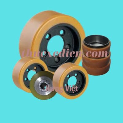 Bánh xe nâng điện Hyster giá tốt Bánh xe nâng điện Hyster màu vàng gồm bộ bánh lái, bánh tải, bánh cần bằng