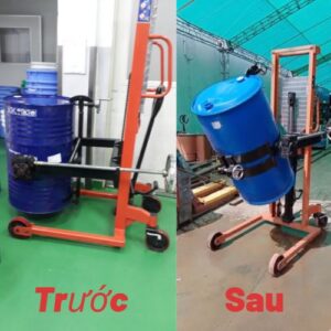 Hai xe quay đổ phuy. Một xe quay đổ phuy sắt, một xe quay đổ phuy nhựa